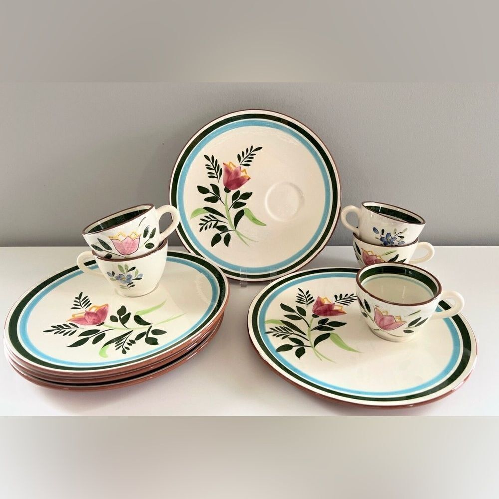 8-pc Stangl Pottery 10” Plate and Cup Country Garden Tulip 4 Sets Vintage